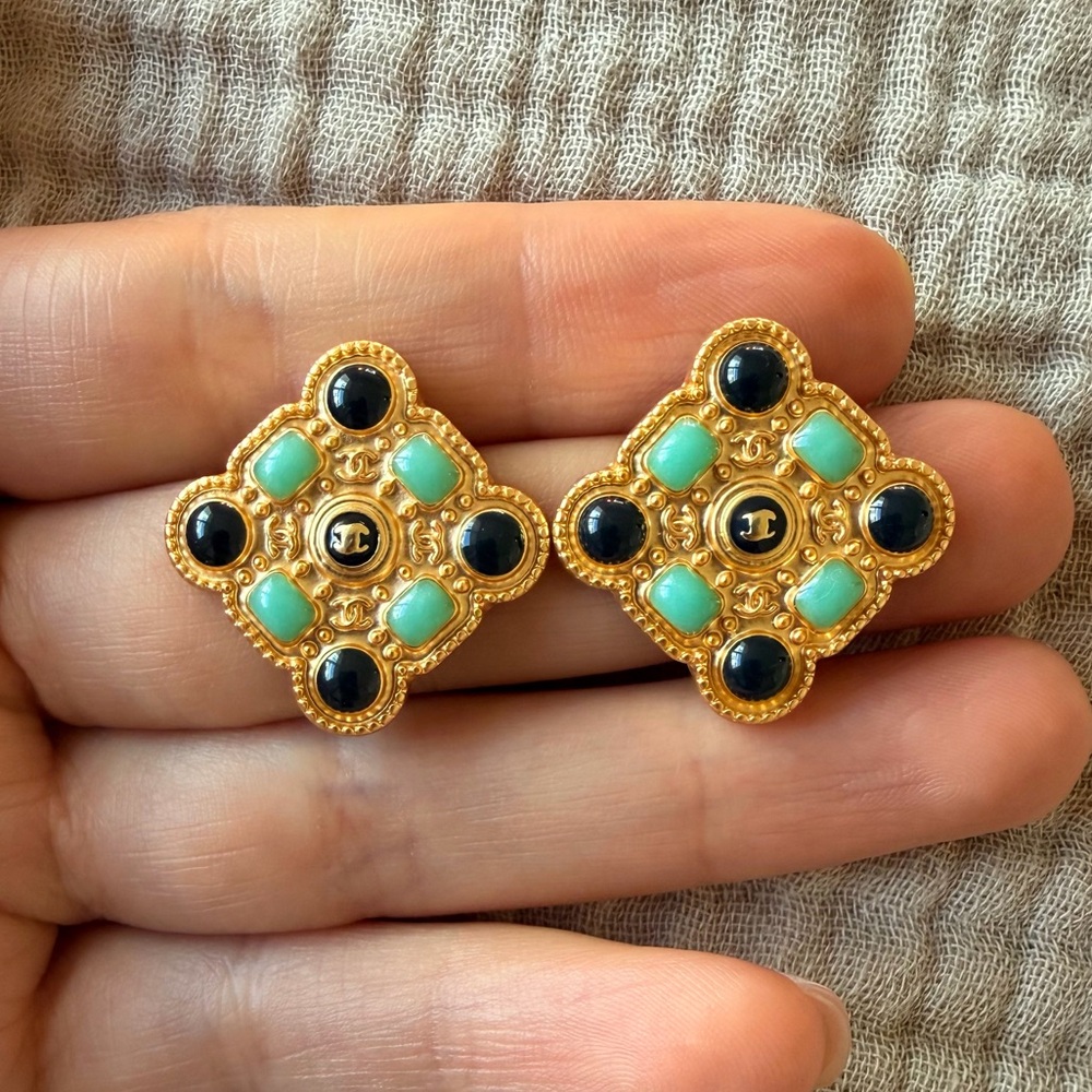 CHANEL Gold-Tone Black and Turquoise Cross Motif Earrings